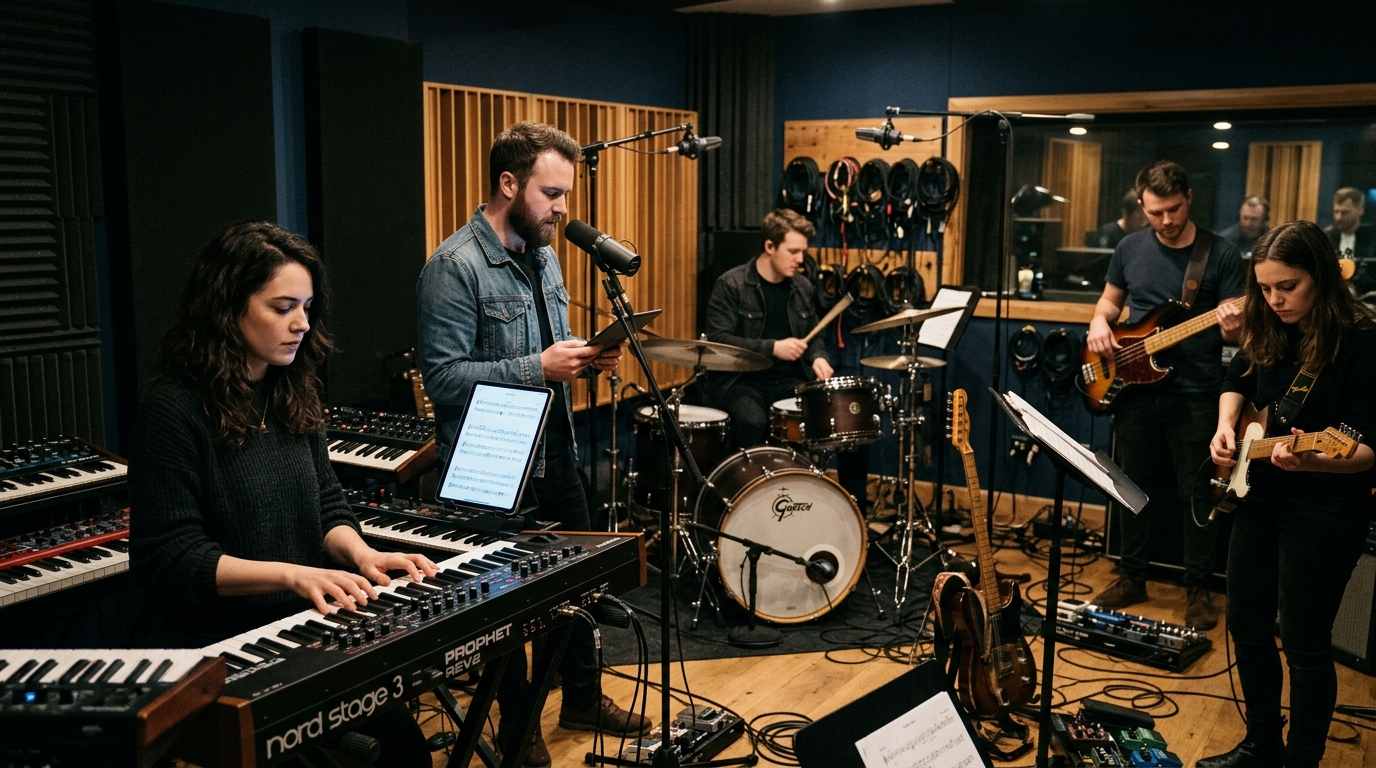 Ensayo de banda musical en estudio